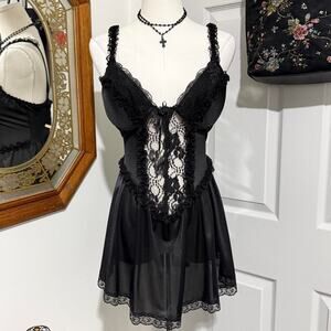 VTG 90s Cachet Black Sheer Floral Ruffle Lace Romantic Goth Rosette Slip Dress M